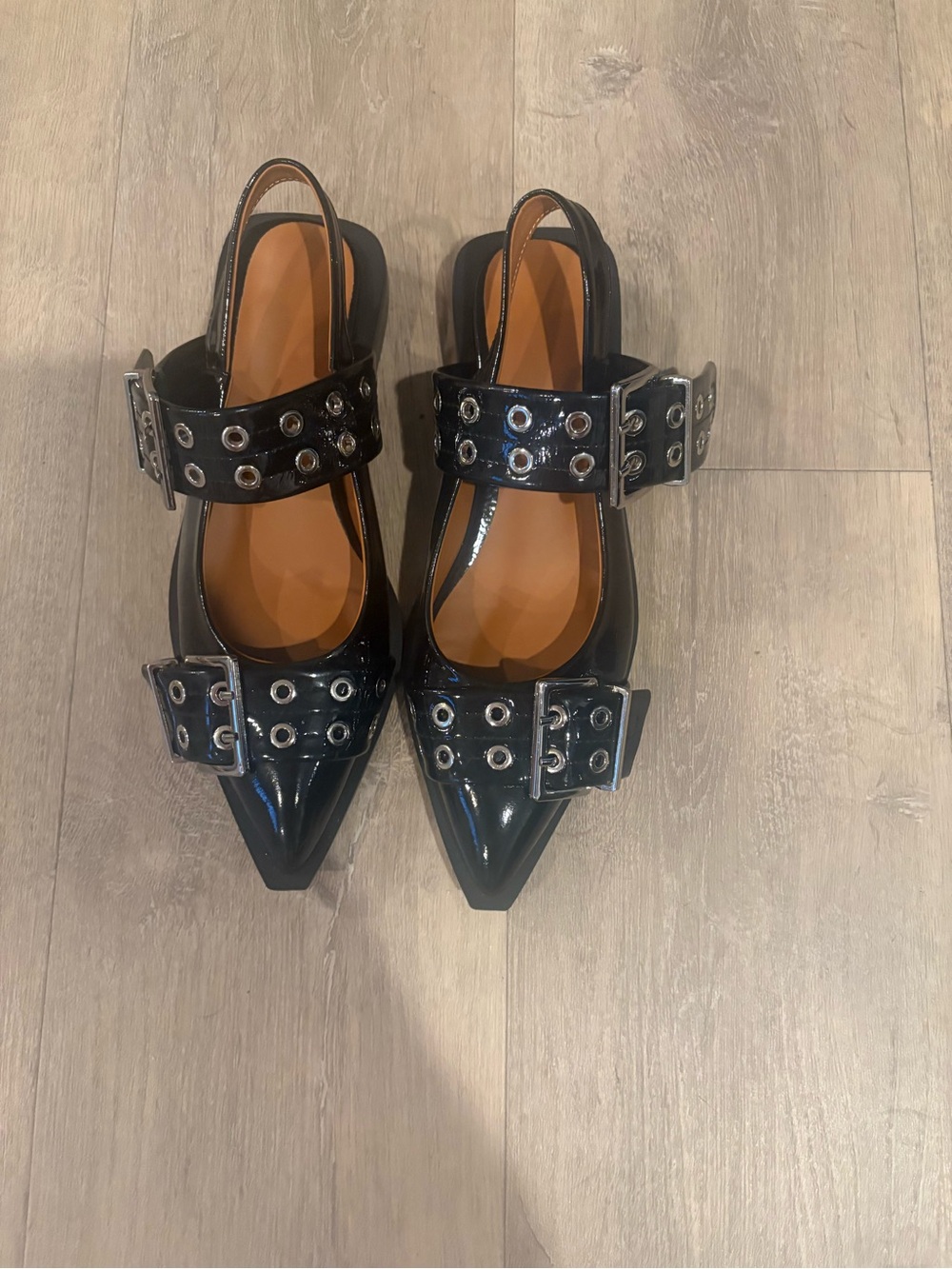 Black Patent Pointed Slingback Flats with Grommet Buckles